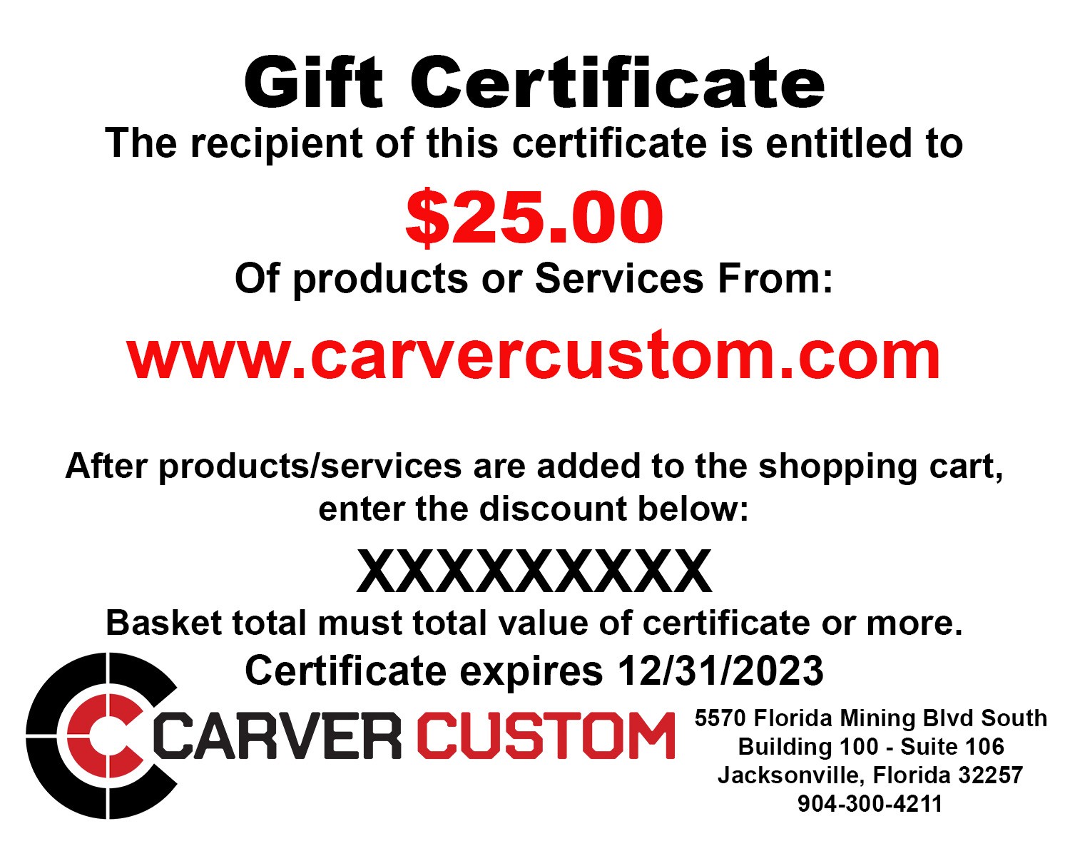 CARVER Custom Gift Certificate